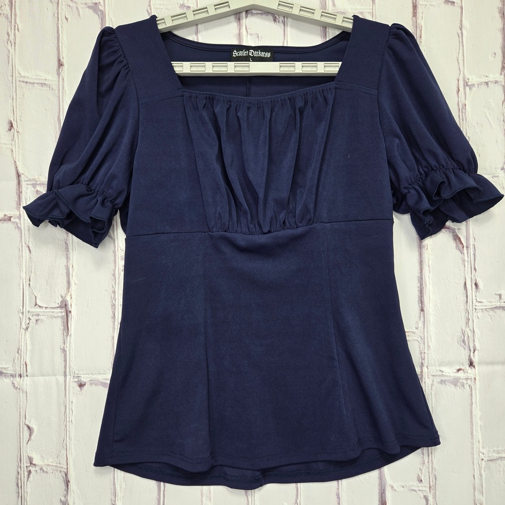 Scarlet Darkness Navy Blue Square Neck Puff Sleeve Ruffle Knit Top Womens Large
